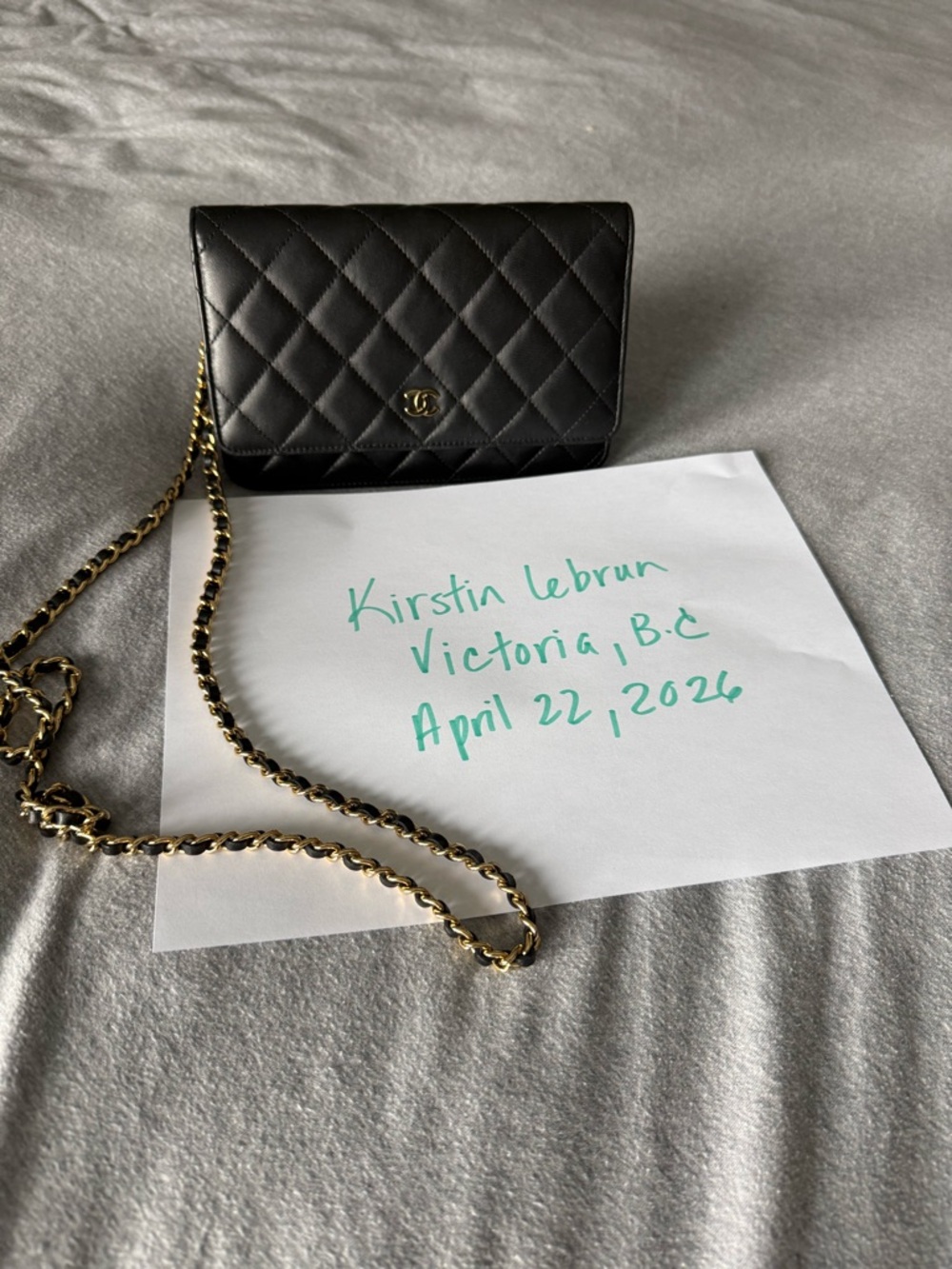 CHANEL Black Quilted Leather Crossbody Wallet with Gold Chain
